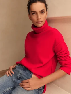 Rouge cerise - Pull 100% laine mérinos N. Premium à col roulé