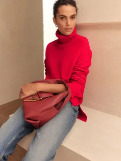 Rouge cerise - Pull 100% laine mérinos N. Premium à col roulé