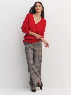 Rouge cerise - Pull long à col en V en coton et laine mélangés