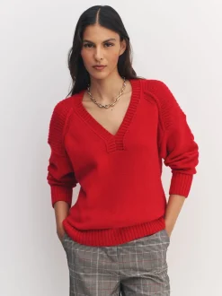 Rouge cerise - Pull long à col en V en coton et laine mélangés