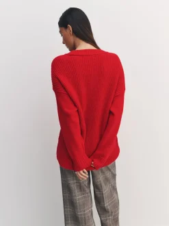 Rouge cerise - Pull long à col en V en coton et laine mélangés