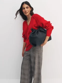 Rouge cerise - Pull long à col en V en coton et laine mélangés