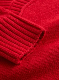 Rouge cerise - Pull long à col en V en coton et laine mélangés