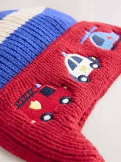 Rouge/bleu motif véhicules d'urgence - Bonnet à pompon avec oreilles (3mois -10ans)