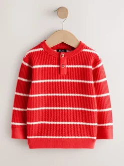 Rouge/Ecru - Pull Henley à rayures (3mois-7ans)