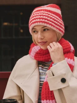 Rouge/Rose - Bonnet en maille à rayures