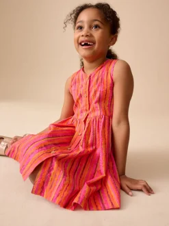 Rouge/rose rayé - Robe boutonnée à Manches courtes Rayure (3-16ans)