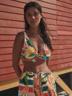 Rouge/Vert Tropical - Haut de bikini plongeant DD+ noué sur le devant