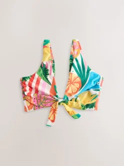 Rouge/Vert Tropical - Haut de bikini plongeant DD+ noué sur le devant