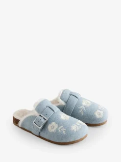 Shabby Chic by Rachel Ashwell® bleu chaussons mules brodées avec semelle plantaire en fourrure