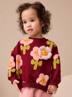 Smiley rouge bordeaux imprimé fleurs - Sweat à col ras du cou (3mths-7yrs)