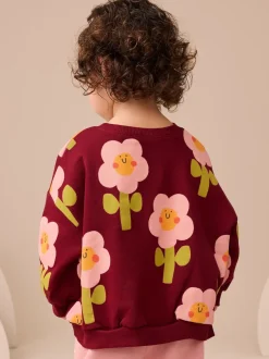 Smiley rouge bordeaux imprimé fleurs - Sweat à col ras du cou (3mths-7yrs)