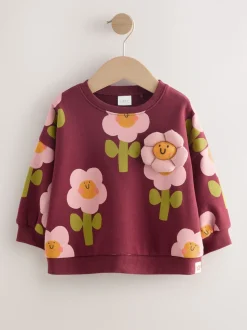 Smiley rouge bordeaux imprimé fleurs - Sweat à col ras du cou (3mths-7yrs)