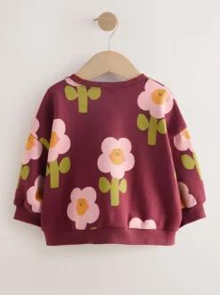 Smiley rouge bordeaux imprimé fleurs - Sweat à col ras du cou (3mths-7yrs)