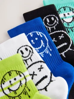 Sourire graffiti bleu/vert - Cushioned Semelle intérieure Cotton Rich Ribbed Tipped Chaussettes 5 Lot