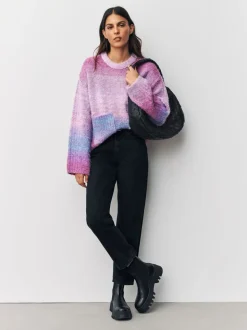 Spacedye rose/violet - Pull col rond bouclé en laine