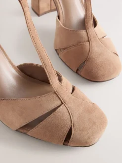 Suede de chameau - Chaussures en cuir à bout rond et talon carré