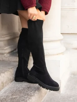 Suede noire - Linzi Briody Coupe large PU Extensible High Leg Bottes