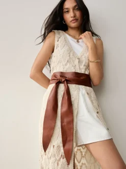 Tan - Ceinture large en cuir avec détail noué