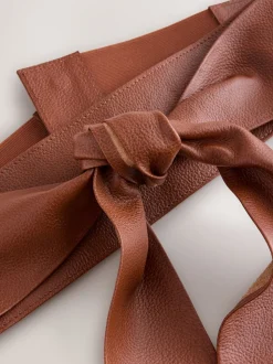 Tan - Ceinture large en cuir avec détail noué