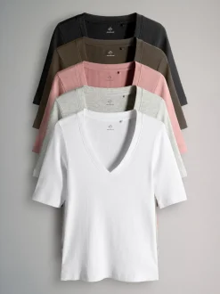 The Set lot de 5 t-shirts côtelés à manches courtes et col en V