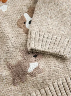 Ton neutre motif chiens - Pull col rond en maille (3mois-7ans)