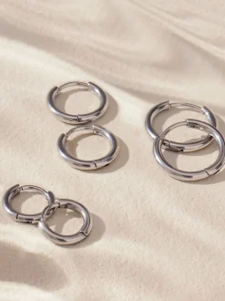 Tonalité argentée - Boucles d'oreilles Huggie Hoop en acier inoxydable 3 Lot