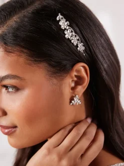 Tonalité argentée - Pince à cheveux Barrette à fleurs scintillantes de mariée