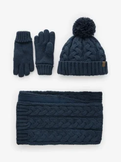 Tricot torsadé bleu marine - Ensemble 3 pièces chapeau, gants et écharpe (3-16ans)