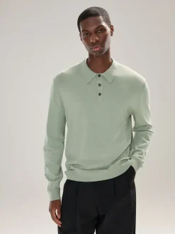 vert - Ajustement régulier - Polo en maille à manches longues riche en coton