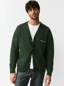 Vert - Cardigan Coupe classique à motif Poitrine Brodé