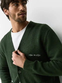 Vert - Cardigan Coupe classique à motif Poitrine Brodé