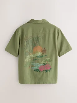 Vert - Chemise à manches courtes à imprimé japonais brodé à Texture