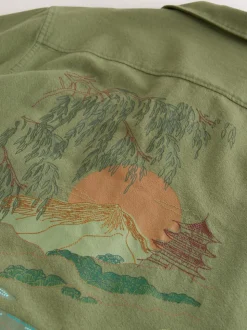 Vert - Chemise à manches courtes à imprimé japonais brodé à Texture