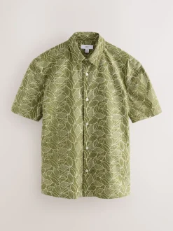 Vert - Chemise Tile texturée brodée à manches courtes
