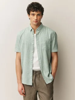 Vert - Col Classique - Chemise à manches courtes en lin et coton mélangés