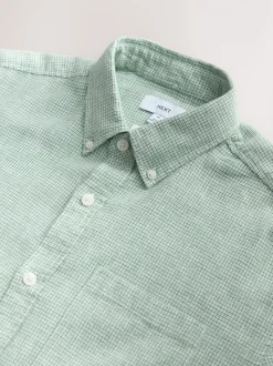 Vert - Col Classique - Chemise à manches courtes en lin et coton mélangés