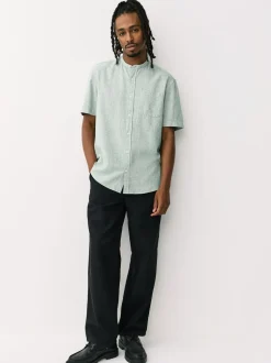 Vert - Col grand-père. - Chemise à manches courtes en lin et coton mélangés