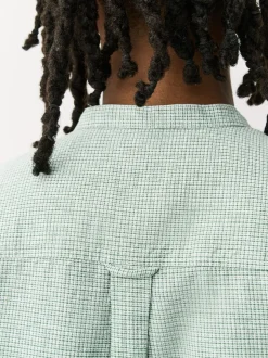 Vert - Col grand-père. - Chemise à manches courtes en lin et coton mélangés