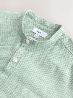 Vert - Col grand-père. - Chemise à manches courtes en lin et coton mélangés