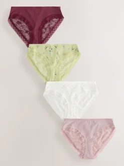 Vert à petites fleurs - Lot de 4 culottes en coton et dentelle