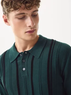 Vert - Polo en maille à manches longues, coupe classique, en coton riche à rayures