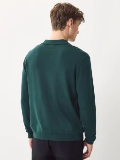 Vert - Polo en maille à manches longues, coupe classique, en coton riche à rayures
