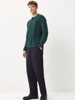 Vert - Polo en maille à manches longues, coupe classique, en coton riche à rayures