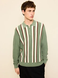 vert - Polos en maille à col zippé à manches longues coupe classique rayée