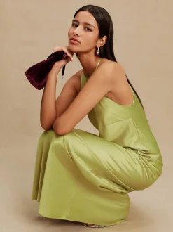 Vert - Robe longue de demoiselle d'honneur en satin à dos nu