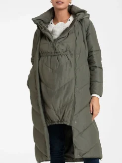 Vert - Seraphine 3-en-1 Long manteau Grossesse à chevrons
