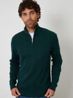 Vert - Threadbare pull à col zippé en maille torsadée