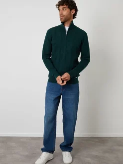 Vert - Threadbare pull à col zippé en maille torsadée