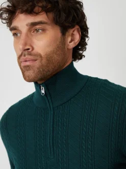 Vert - Threadbare pull à col zippé en maille torsadée
